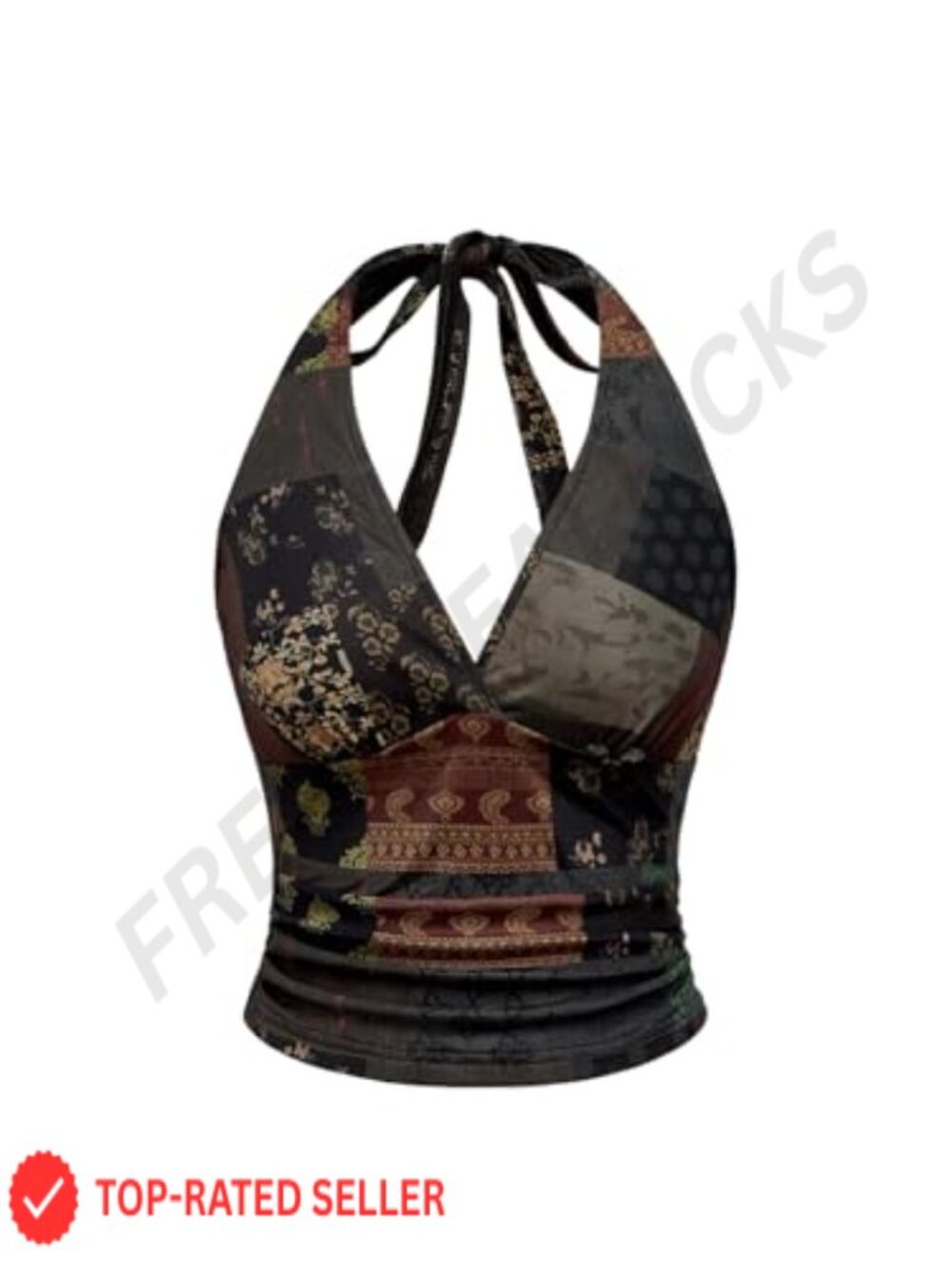 Boho Halter Crop Tank Top Paisley Ruched Open Back Y2K Festival Top